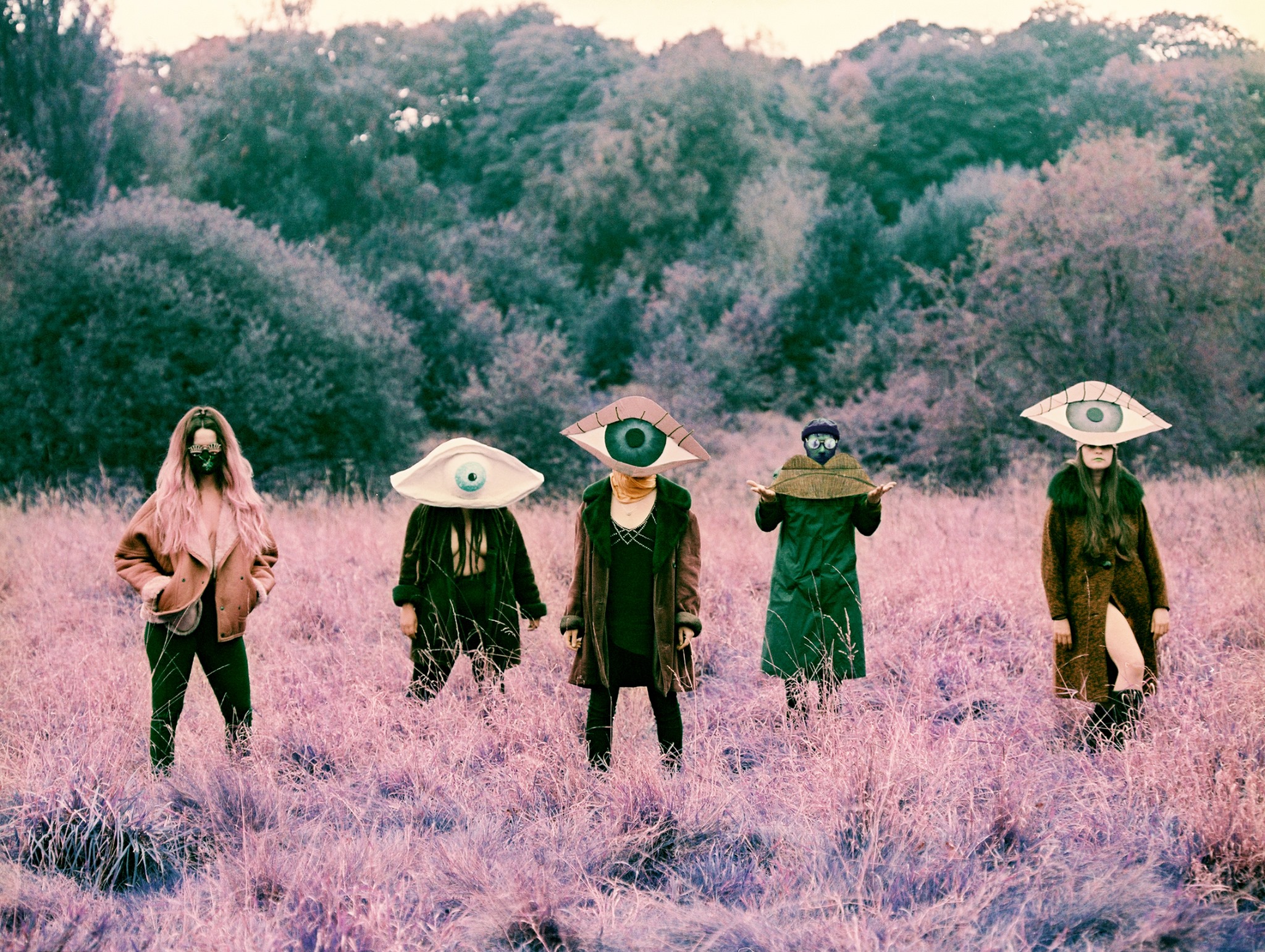 the five members of dorcha stand in a field with abstract costumes