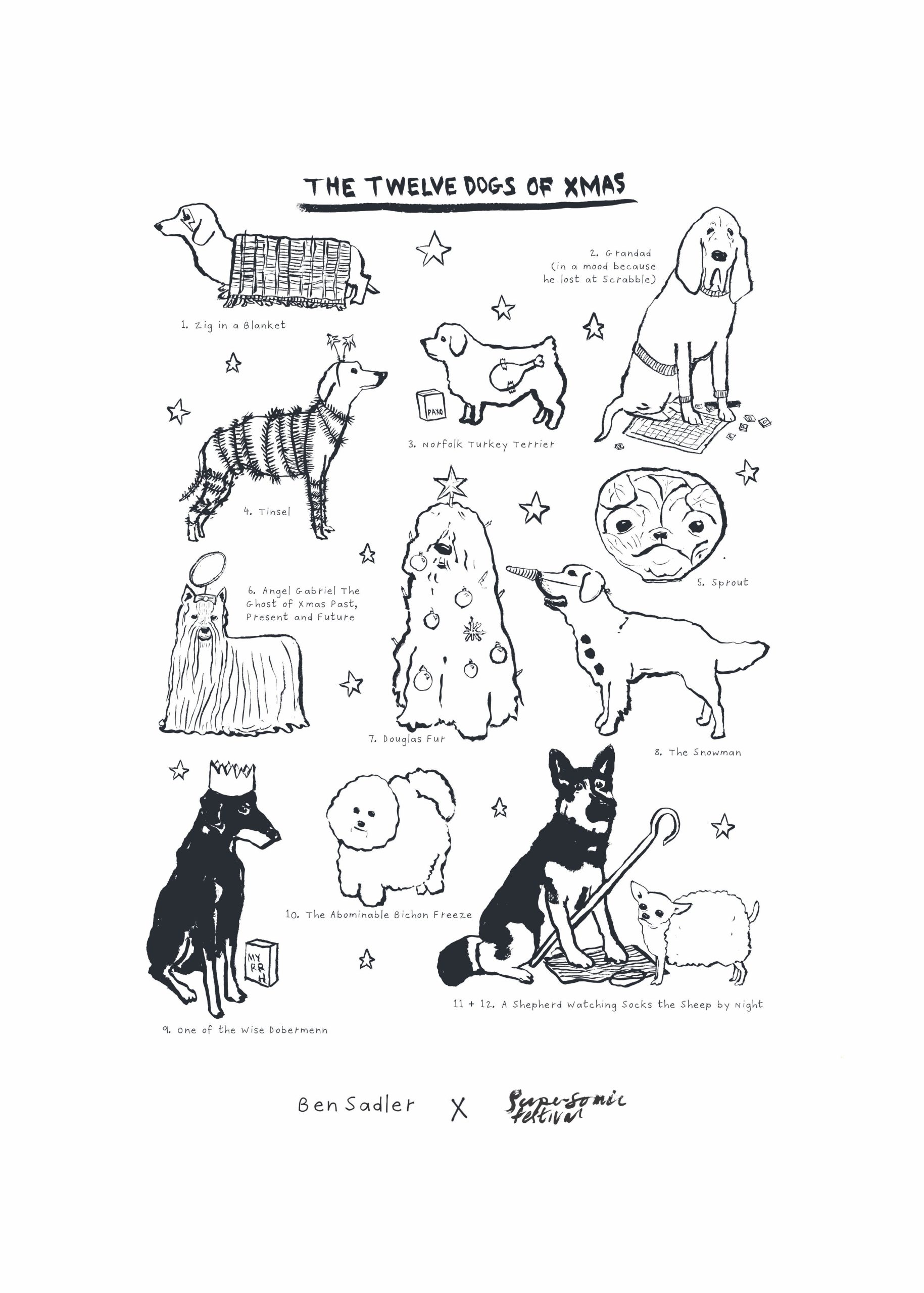 'The Twelve Dogs of Christmas' Tea Towel by Ben Sadler - Image 2